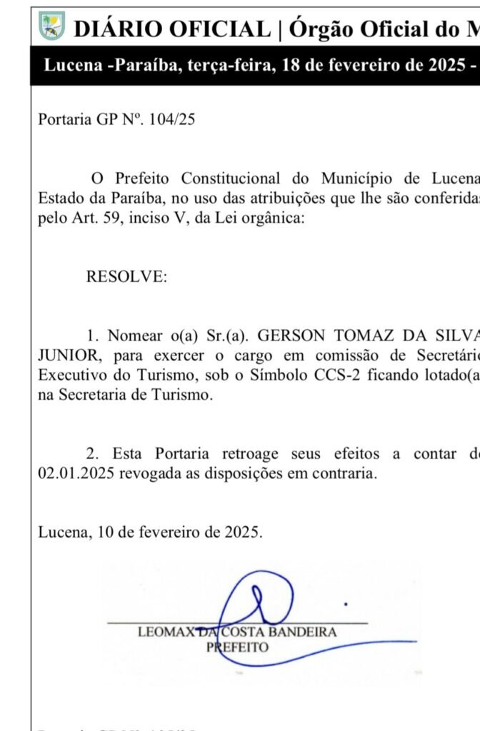 Gerson Júnior é Reconduzido Ao Cargo De Secretário Executivo De Turismo, Em Lucena – Confira Ato